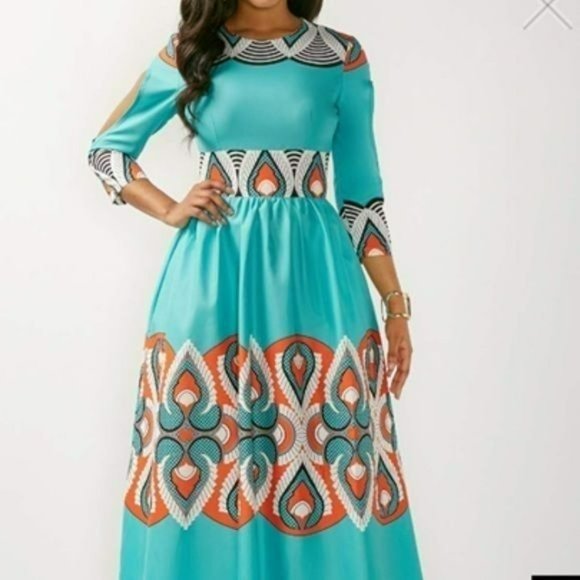 Beautiful abstract Teal summer maxi dress With Cold Shoulder Sleeves Size XL - Picture 7 of 10